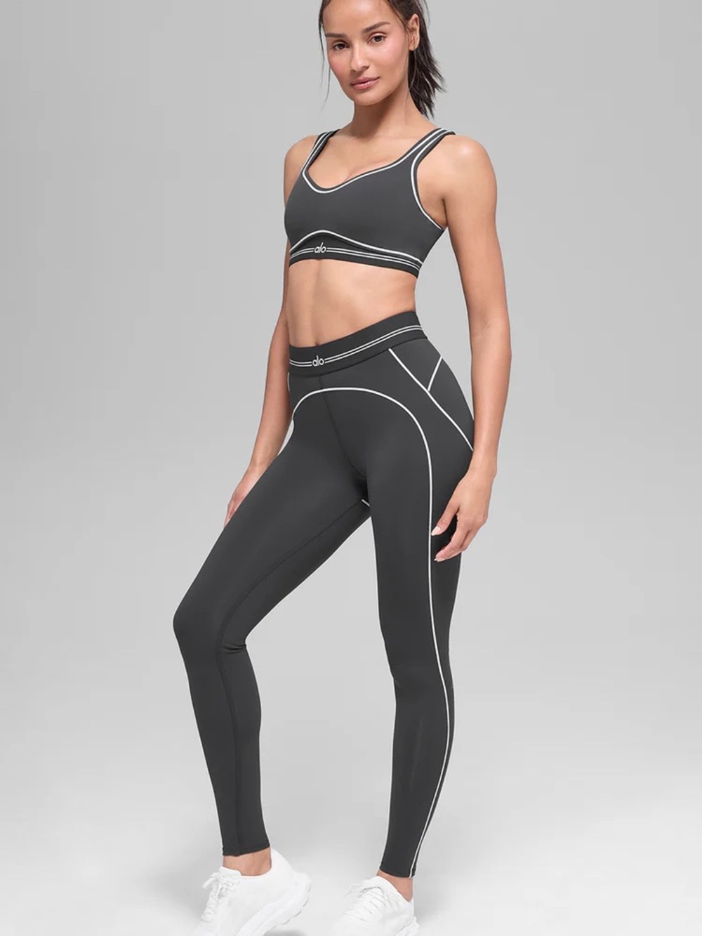 ALO Yoga Charcoal Gray Piped Sports Bra & Leggings Set